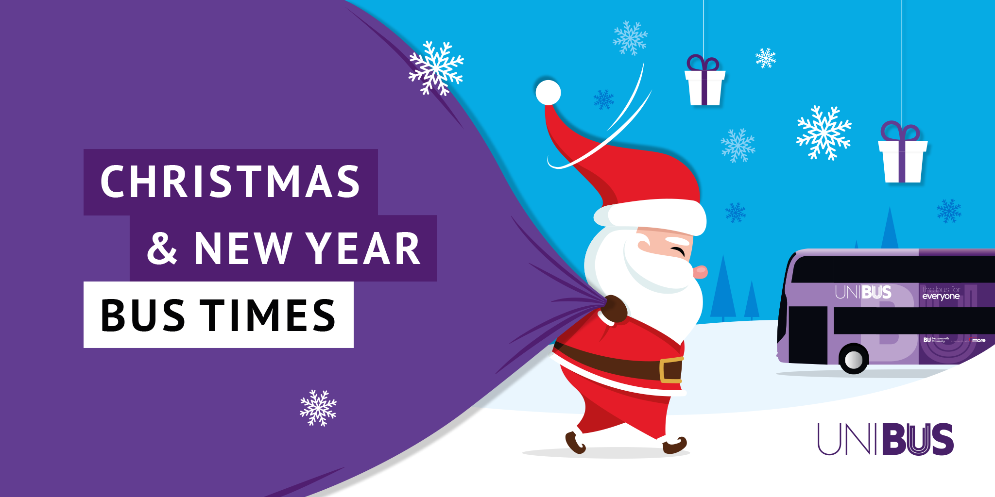 Image of Santa carrying his Christmas sack with text saying 'Christmas & New Year Bus Times'