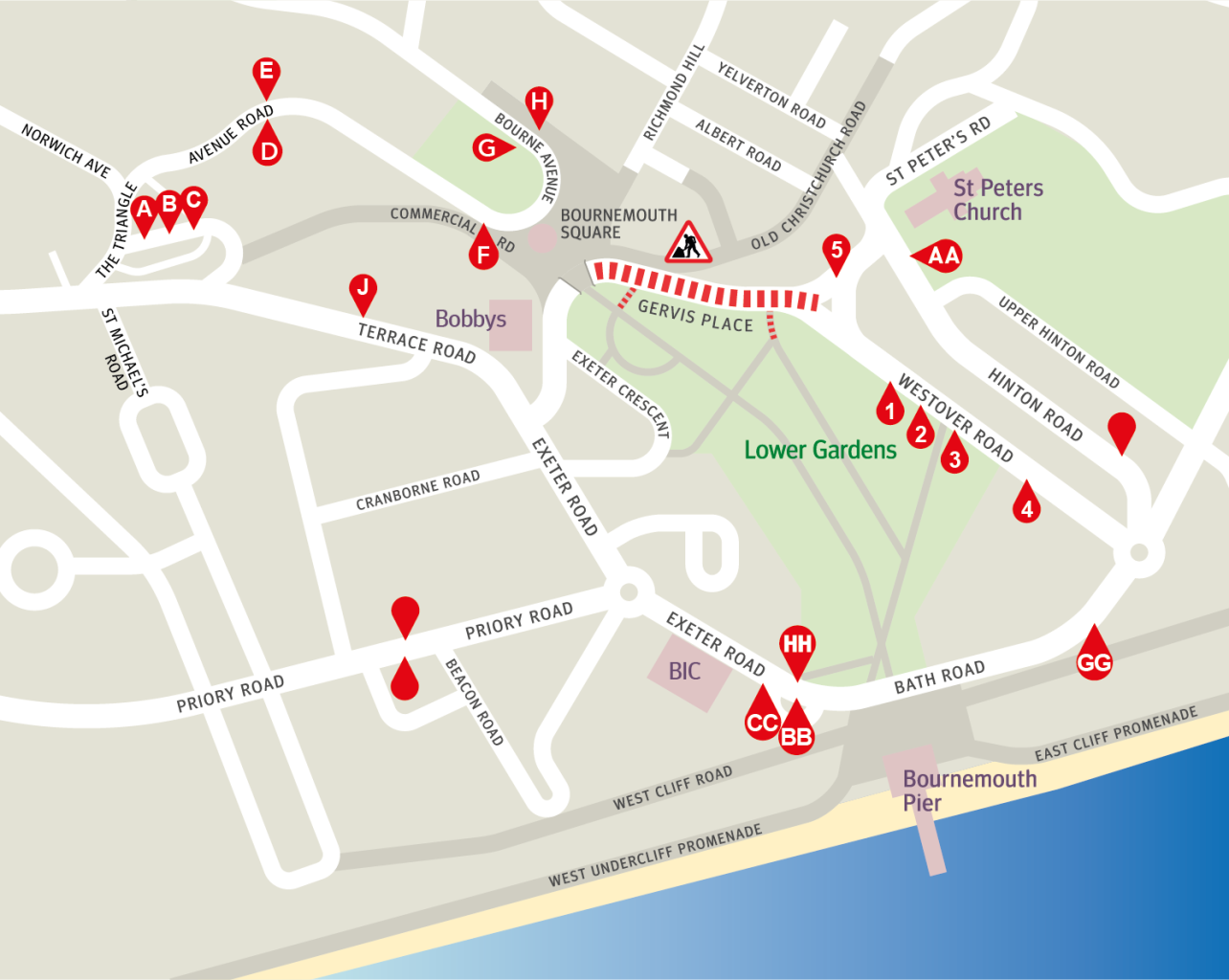map of Bournemouth town centre showing alternative bus stops during Gervis Place closure